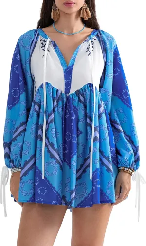 Women Y2K Boho Floral Mini Dress Puff Sleeve V Neck Short Dress Babydoll Flowy Dress Summer Vacation Outfits