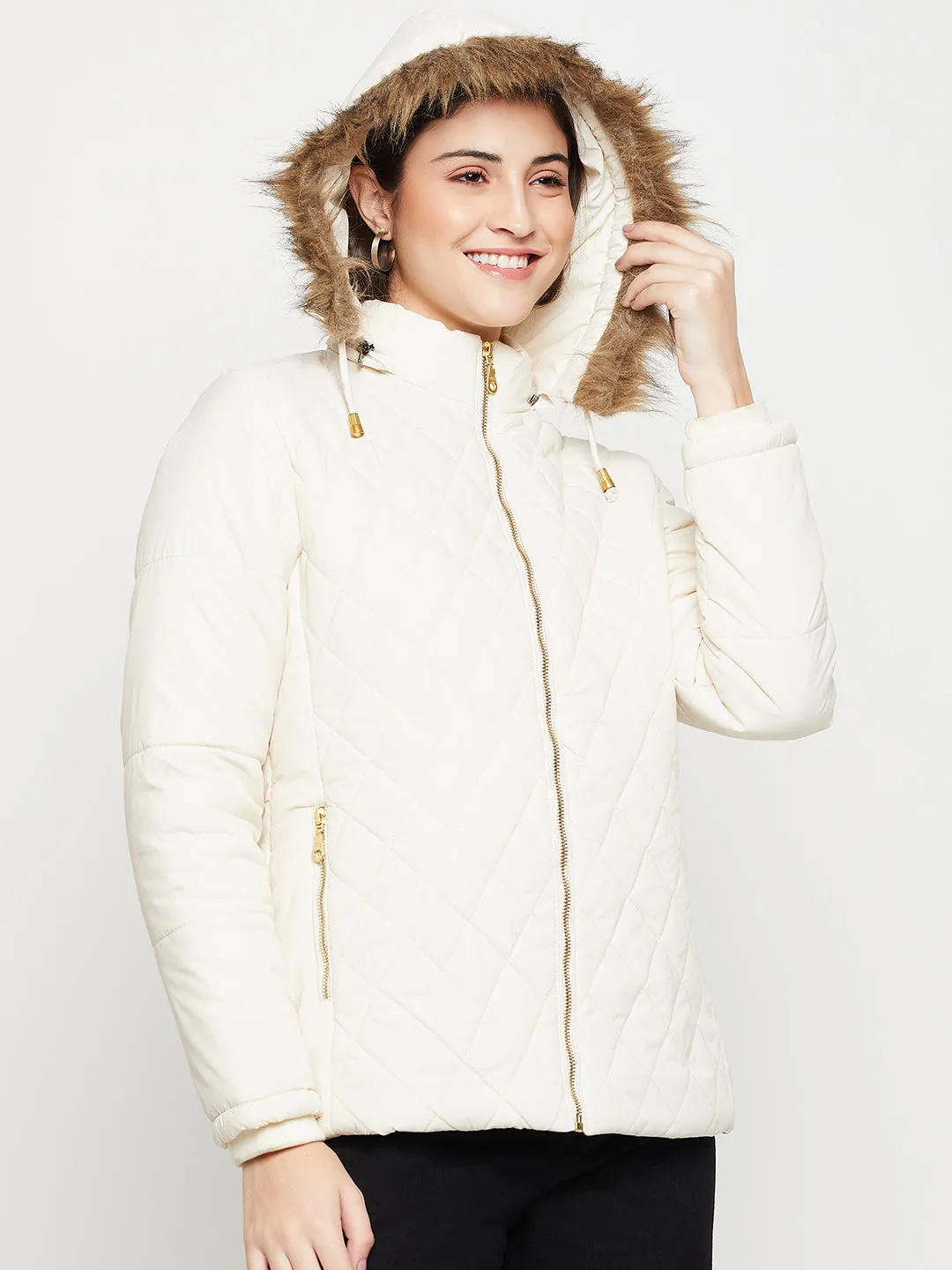 Women's Casual  Ivory Quilted Hood with Faux Fur trim Jacket