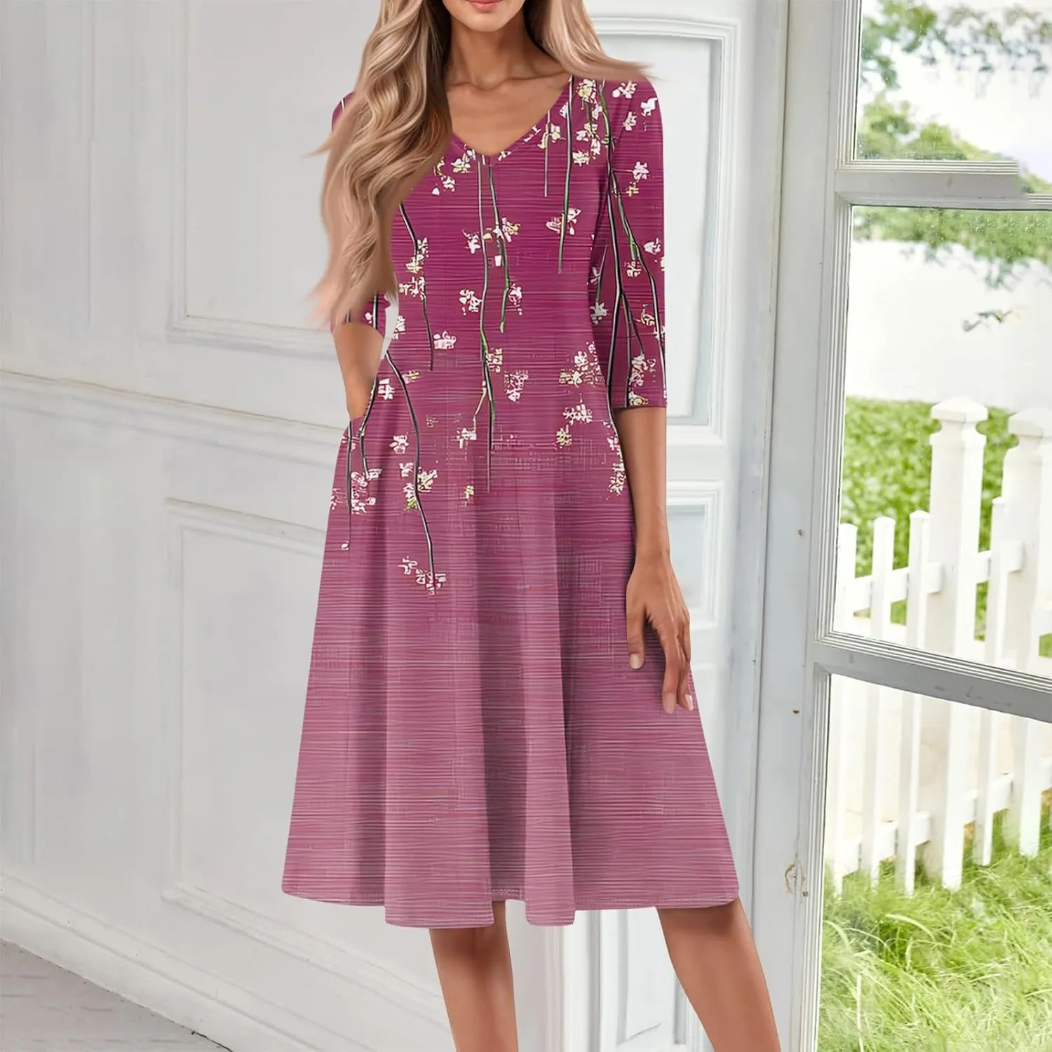 Women's Floral Print A-Line Dress with 3/4 Sleeve Elegant V-Neck Casual Midi Dress for Spring Summer