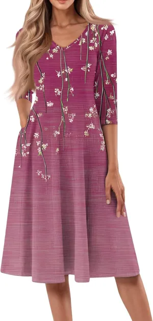 Women's Floral Print A-Line Dress with 3/4 Sleeve Elegant V-Neck Casual Midi Dress for Spring Summer