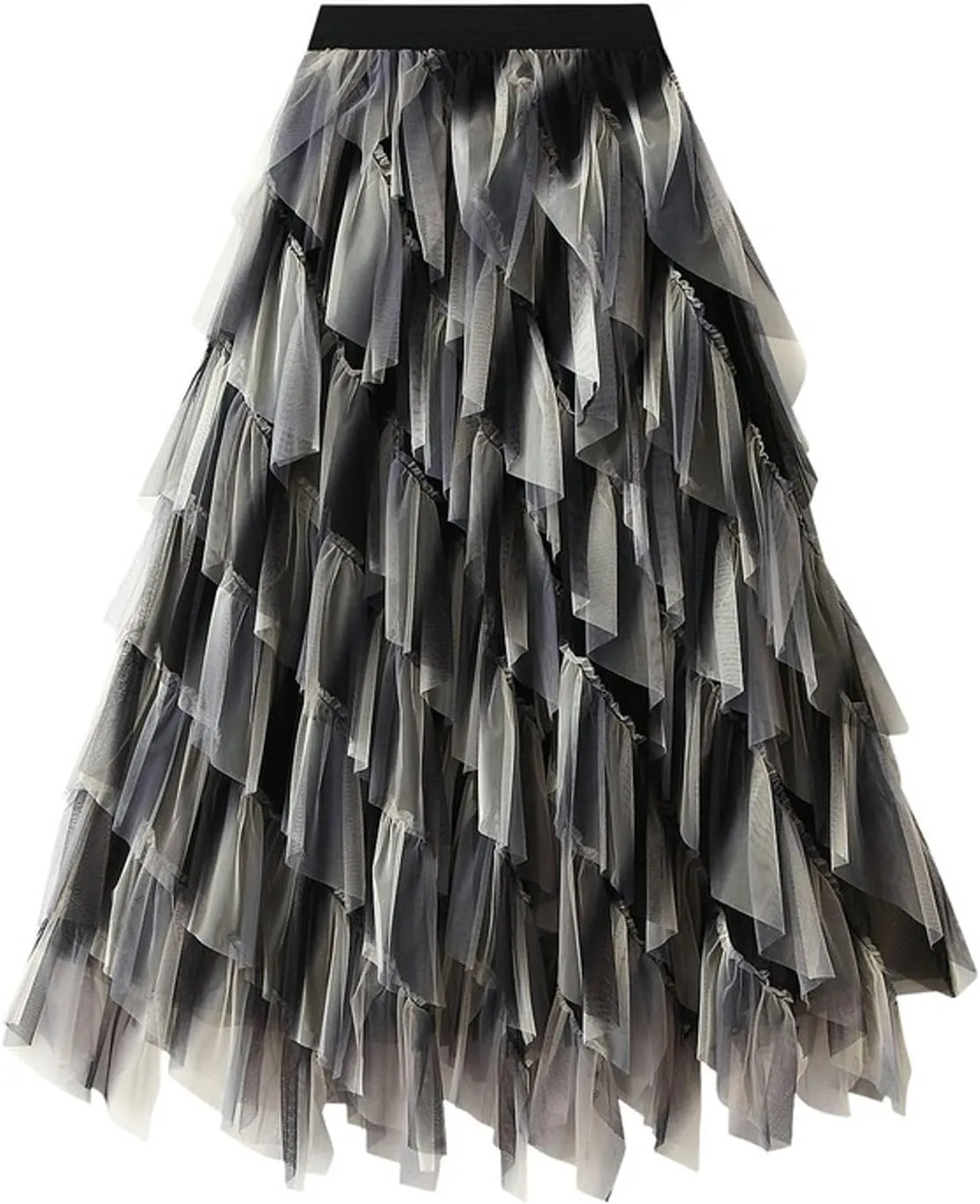Womens Gradient Ruffle Tulle Skirt High Waist Asymmetrical Midi Tulle Skirt Tiered 2025 Boho Summer A-line Skirts