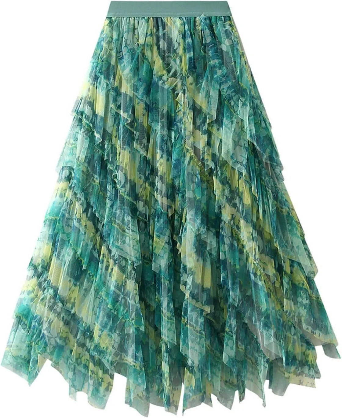Womens Gradient Ruffle Tulle Skirt High Waist Asymmetrical Midi Tulle Skirt Tiered 2025 Boho Summer A-line Skirts