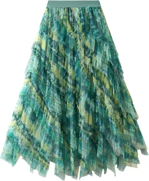 Womens Gradient Ruffle Tulle Skirt High Waist Asymmetrical Midi Tulle Skirt Tiered 2025 Boho Summer A-line Skirts