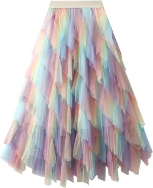 Womens Gradient Ruffle Tulle Skirt High Waist Asymmetrical Midi Tulle Skirt Tiered 2025 Boho Summer A-line Skirts