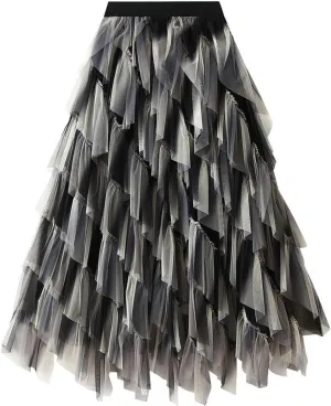 Womens Gradient Ruffle Tulle Skirt High Waist Asymmetrical Midi Tulle Skirt Tiered 2025 Boho Summer A-line Skirts