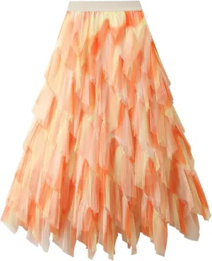 Womens Gradient Ruffle Tulle Skirt High Waist Asymmetrical Midi Tulle Skirt Tiered 2025 Boho Summer A-line Skirts