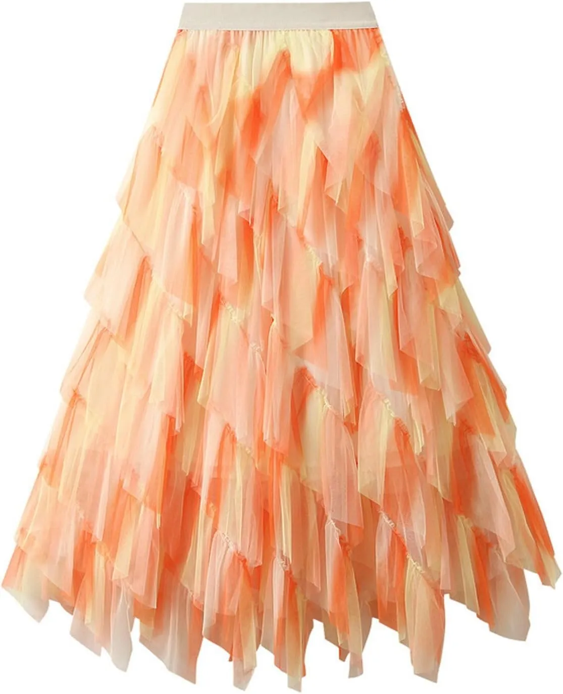 Womens Gradient Ruffle Tulle Skirt High Waist Asymmetrical Midi Tulle Skirt Tiered 2025 Boho Summer A-line Skirts