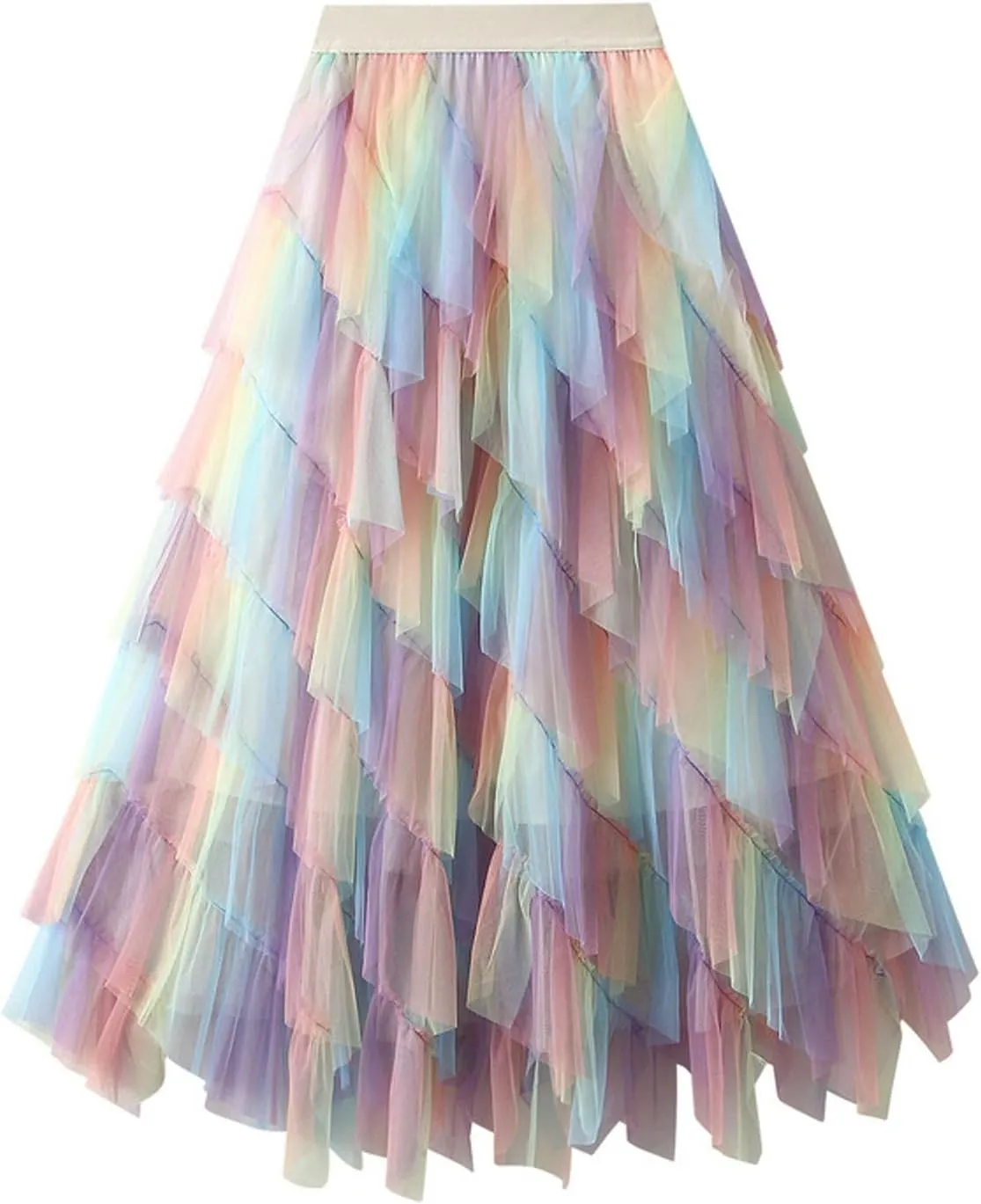 Womens Gradient Ruffle Tulle Skirt High Waist Asymmetrical Midi Tulle Skirt Tiered 2025 Boho Summer A-line Skirts
