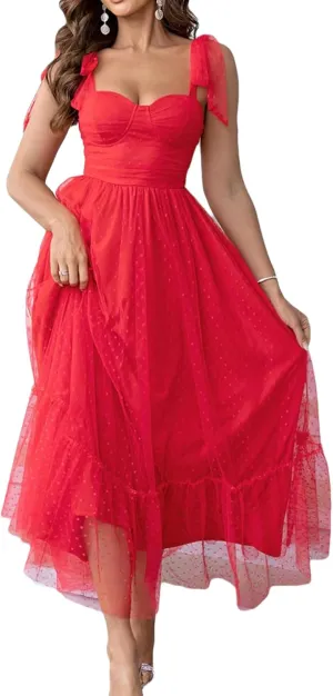 Women's Midi Dress Bow Knot Strap Smocked Ruffle Tulle Flowy Beach Sundress