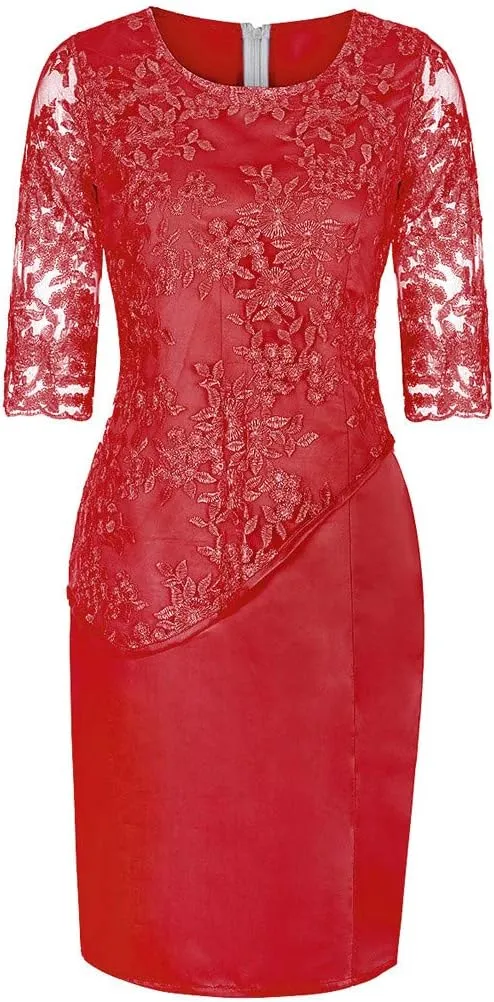 Women's Plus Size Lace Short Sleeve Midi Cocktail Evening Party Dress for Ladies