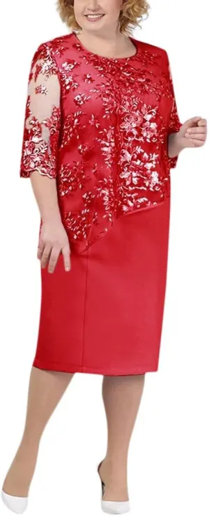 Women's Plus Size Lace Short Sleeve Midi Cocktail Evening Party Dress for Ladies