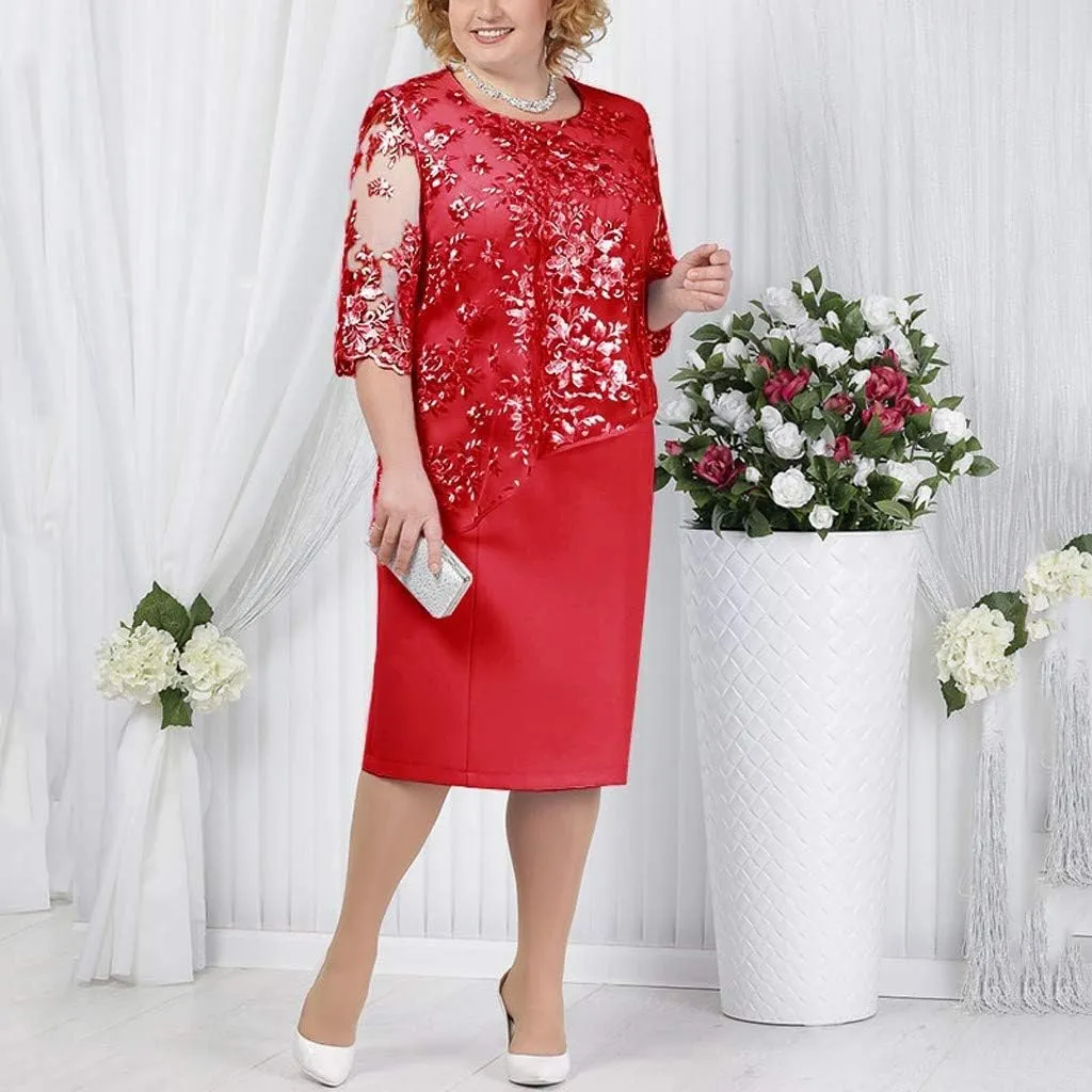 Women's Plus Size Lace Short Sleeve Midi Cocktail Evening Party Dress for Ladies