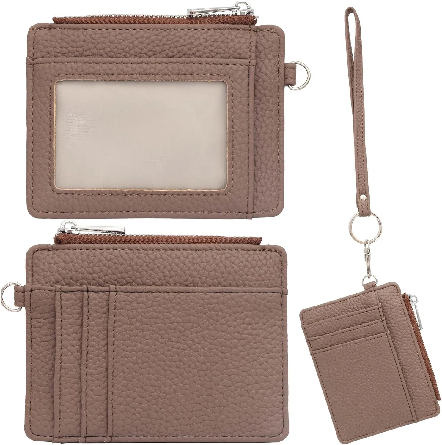 Women's RFID Blocking Slim Card Case with Zipper, Keychain, and Wristlet. Minimalist Card Holder Pocket Wallet, Brown
