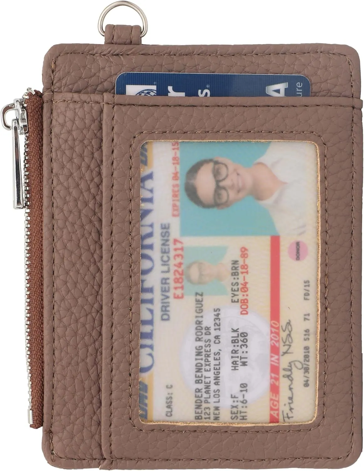 Women's RFID Blocking Slim Card Case with Zipper, Keychain, and Wristlet. Minimalist Card Holder Pocket Wallet, Brown