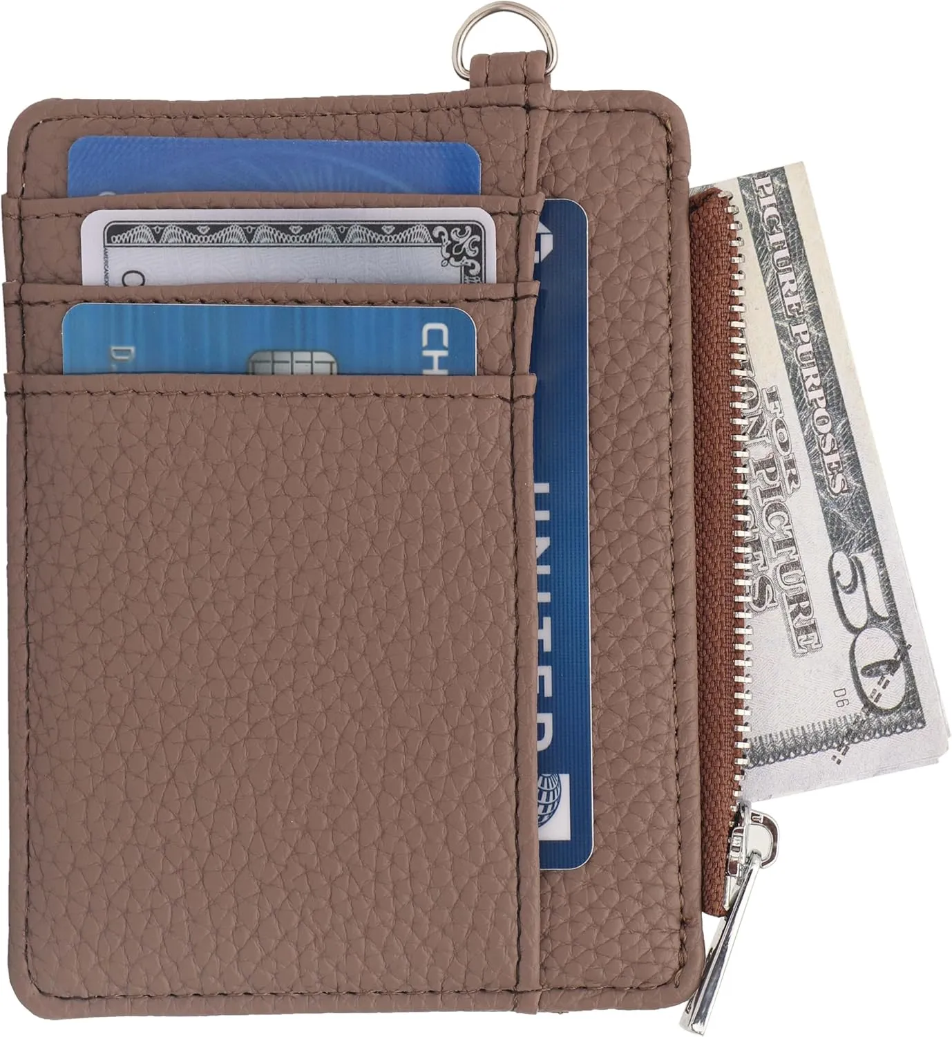 Women's RFID Blocking Slim Card Case with Zipper, Keychain, and Wristlet. Minimalist Card Holder Pocket Wallet, Brown