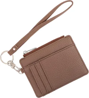 Women's RFID Blocking Slim Card Case with Zipper, Keychain, and Wristlet. Minimalist Card Holder Pocket Wallet, Brown