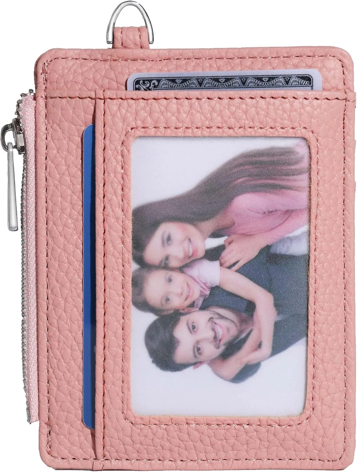 Women's RFID Blocking Slim Card Case with Zipper, Keychain, and Wristlet. Minimalist Card Holder Pocket Wallet, Pink