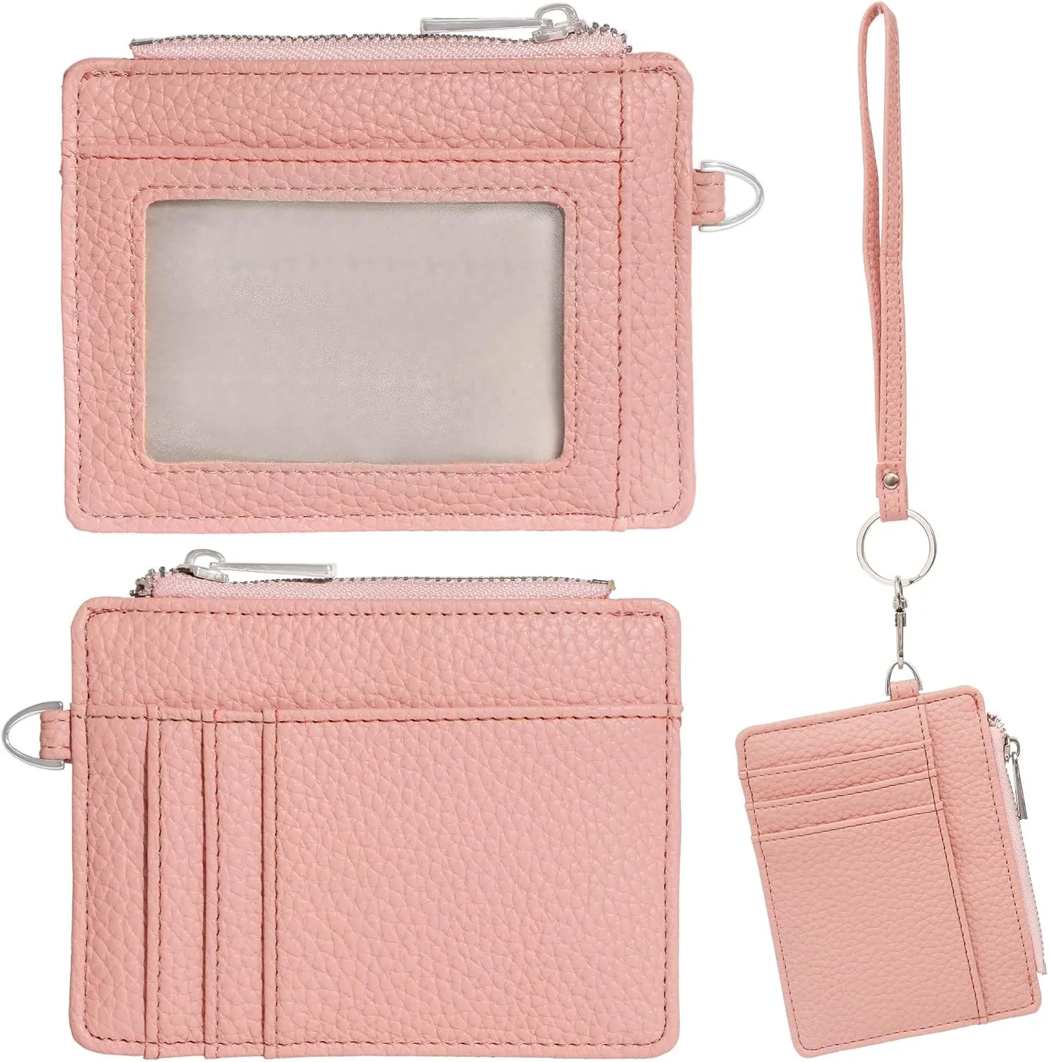 Women's RFID Blocking Slim Card Case with Zipper, Keychain, and Wristlet. Minimalist Card Holder Pocket Wallet, Pink
