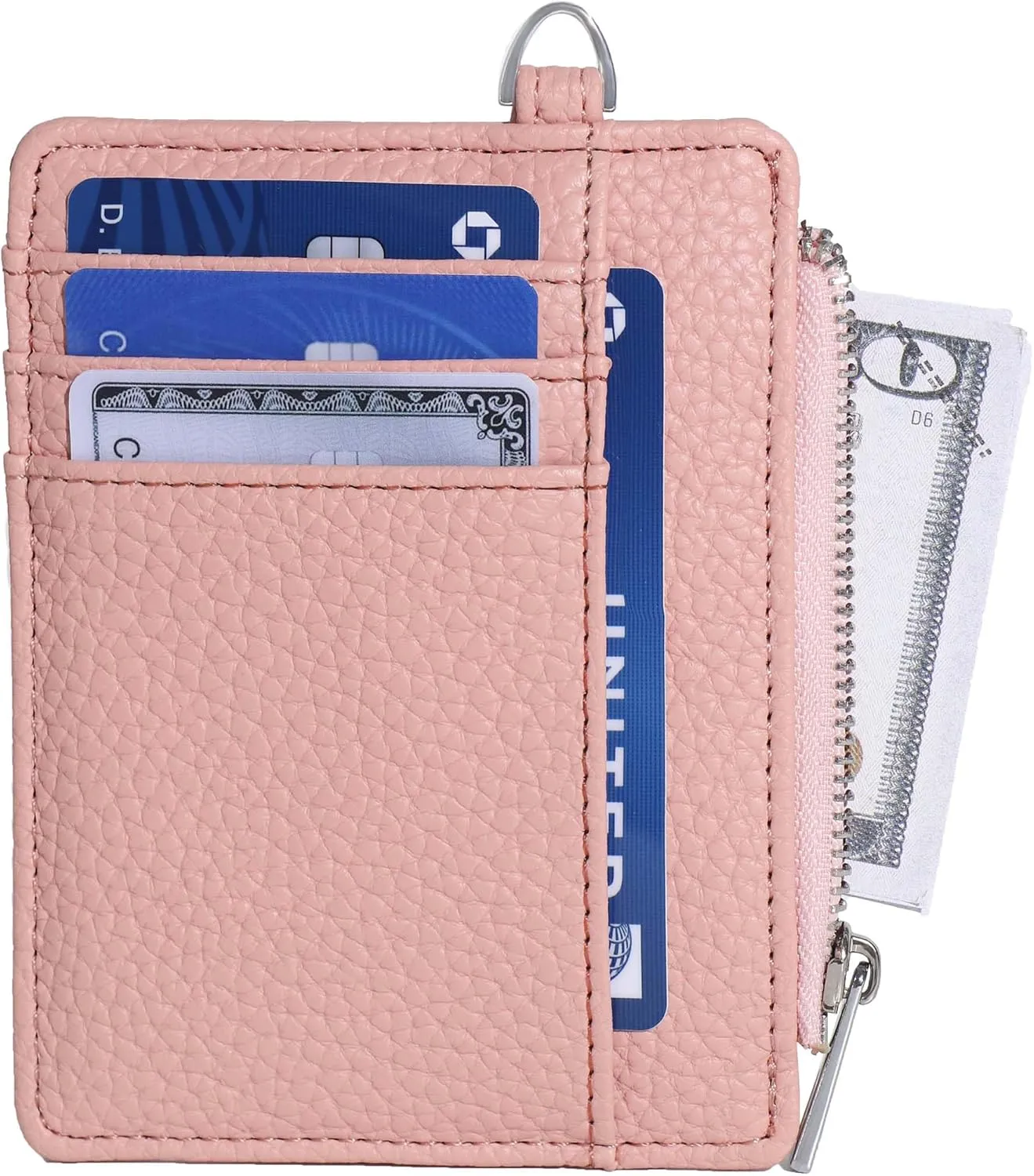 Women's RFID Blocking Slim Card Case with Zipper, Keychain, and Wristlet. Minimalist Card Holder Pocket Wallet, Pink