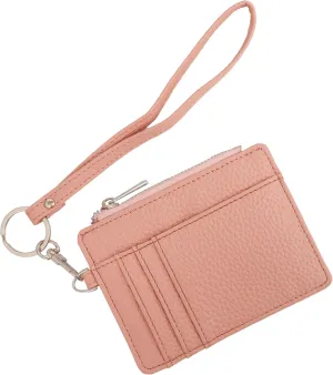 Women's RFID Blocking Slim Card Case with Zipper, Keychain, and Wristlet. Minimalist Card Holder Pocket Wallet, Pink
