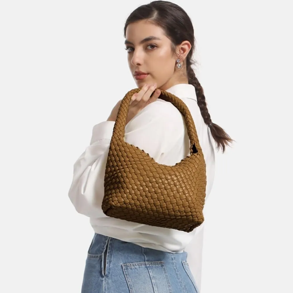Woven Bag for Women, Vegan Leather Handbag and Purse Shoulder Bag Casual Retro Beach Totes Ladies Underarm Bag